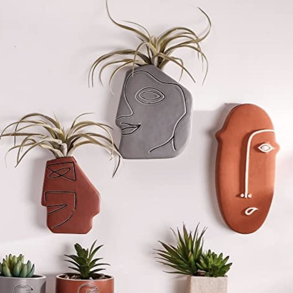Set of 3 Boho Wall Mounted Abstract Face Planters - Picture 2 of 6